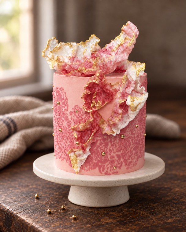 A pink celebration cake with gold-edged decorations on a stand