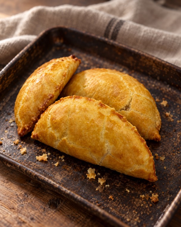 Three golden hand pies on a baking tray